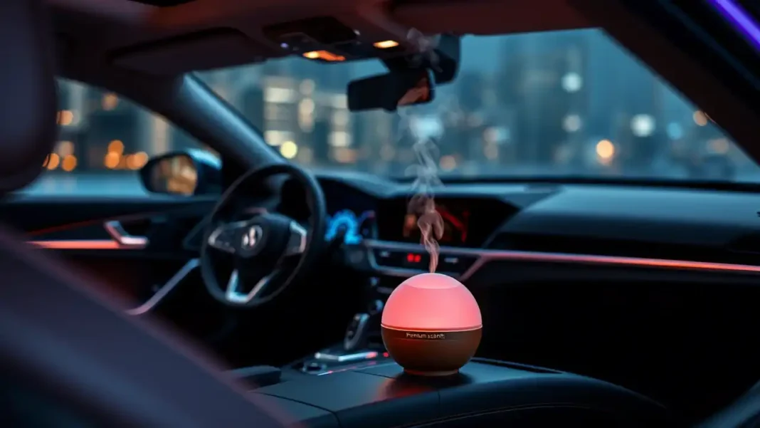 A sleek, modern car interior with a soft glow, highlighting a premium scent bomb on the dashboard