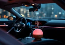 A sleek, modern car interior with a soft glow, highlighting a premium scent bomb on the dashboard