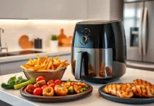 A sleek modern kitchen with a Modern Home Air Fryer on the countertop