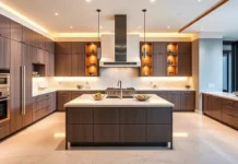 A sleek modern luxury kitchen with high-end finishes
