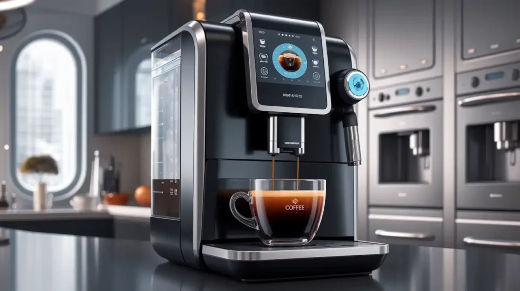 A sleek, modern robotic coffee machine brewing a perfect cup of coffee
