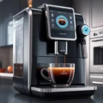 A sleek, modern robotic coffee machine brewing a perfect cup of coffee
