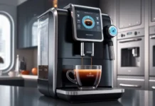 Robotic Coffee Machine: Smart Brewing for Perfect Coffee A sleek, modern robotic coffee machine brewing a perfect cup of coffee