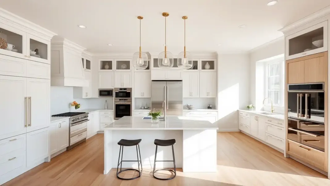 A spacious, modern high-end kitchen featuring a sleek kitchen