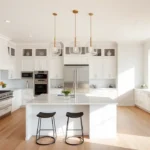 A spacious, modern high-end kitchen featuring a sleek kitchen