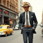 1950s Mens Fashion: The Style Playbook Worth Reviving A stylish 1950s Mens Fashion standing on a city street.