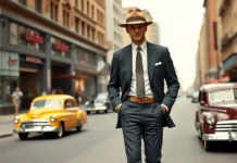 A stylish 1950s Mens Fashion standing on a city street.