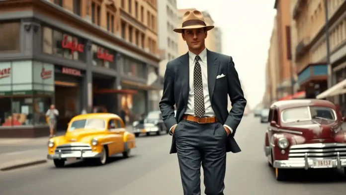 A stylish 1950s Mens Fashion standing on a city street.
