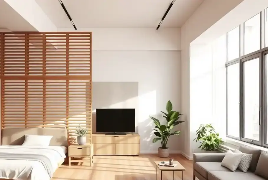 A stylish modern studio apartment dividers separating the sleeping and living areas