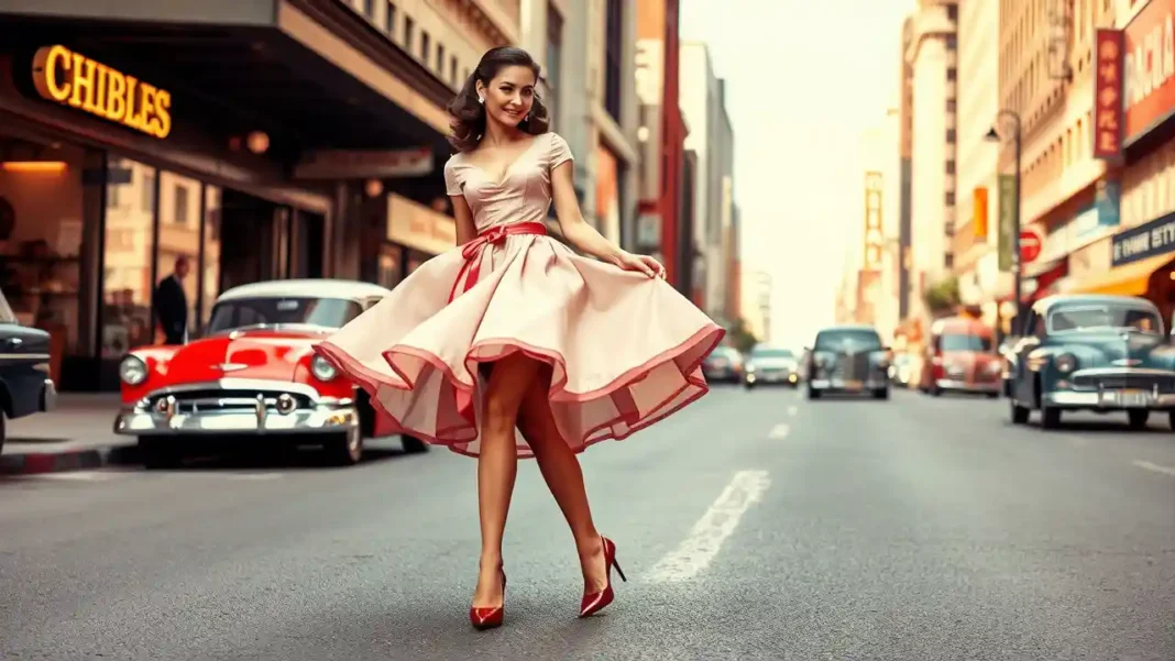 A stylish woman in a classic 1950s dress with a full skirt A stylish woman in a classic 1950s dress with a full skirt