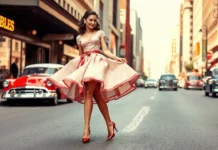 A stylish woman in a classic 1950s dress with a full skirt