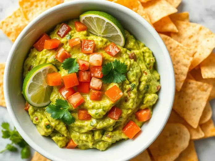 A top-down view of a bowl of freshly made Guacamole Recipe