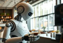 An AI-powered robot baristas preparing a cup of coffee in a modern café