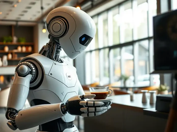 An AI-powered robot barista preparing a cup of coffee in a modern café