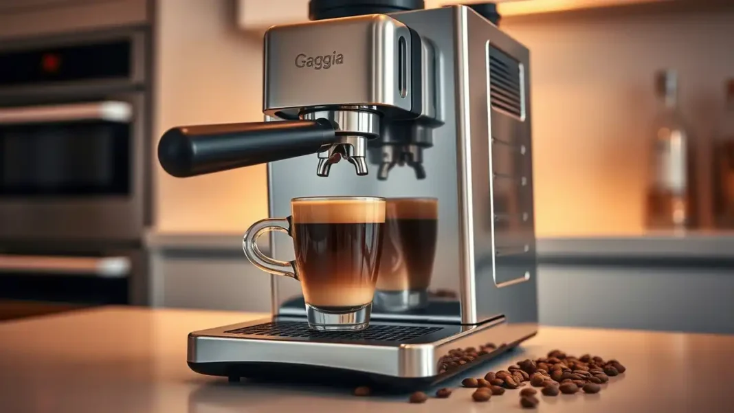 on a kitchen counter, brewing a rich shot of espresso on a kitchen counter, brewing a rich shot of espresso