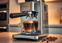 on a kitchen counter, brewing a rich shot of espresso