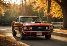 A beautifully restored Classic Cars for Beginners parked on a scenic road during golden hour