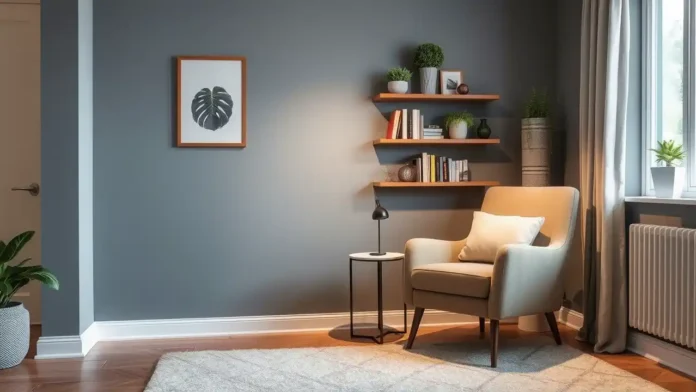 A beautifully styled living room Corner Decor featuring a cozy reading nook with a plush armchair
