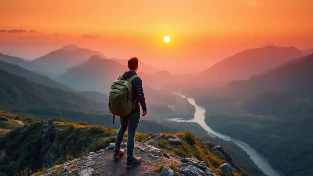 A breathtaking view of a solo backpacker standing on a mountain ridge at sunrise, capturing the essence of a tailor-made backpacking journey. A breathtaking view of a solo backpacker standing on a mountain ridge at sunrise, capturing the essence of a tailor-made backpacking journey.