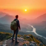 Tailor-Made Backpackers: Customize Your Ultimate Adventure A breathtaking view of a solo backpacker standing on a mountain ridge at sunrise, capturing the essence of a tailor-made backpacking journey.