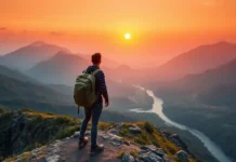 Tailor-Made Backpackers: Customize Your Ultimate Adventure A breathtaking view of a solo backpacker standing on a mountain ridge at sunrise, capturing the essence of a tailor-made backpacking journey.