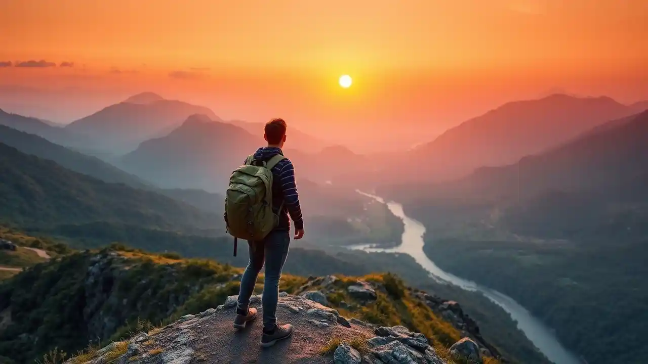 A breathtaking view of a solo backpacker standing on a mountain ridge at sunrise, capturing the essence of a tailor-made backpacking journey.