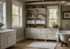A cozy Country Bathroom Storage Ideas with wooden shelves