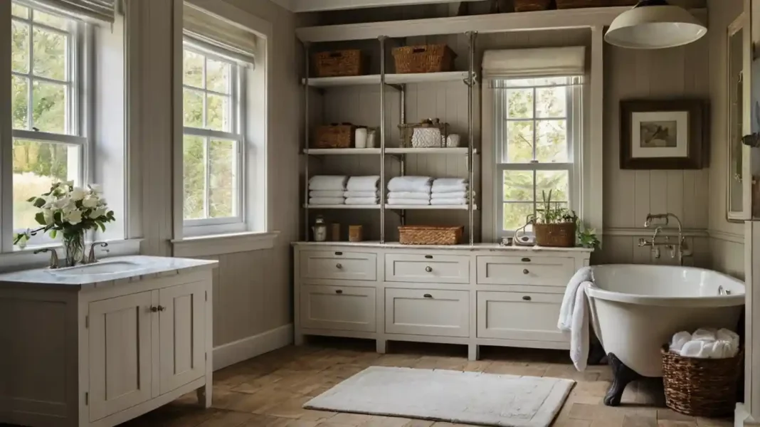 A cozy Country Bathroom Storage Ideas with wooden shelves