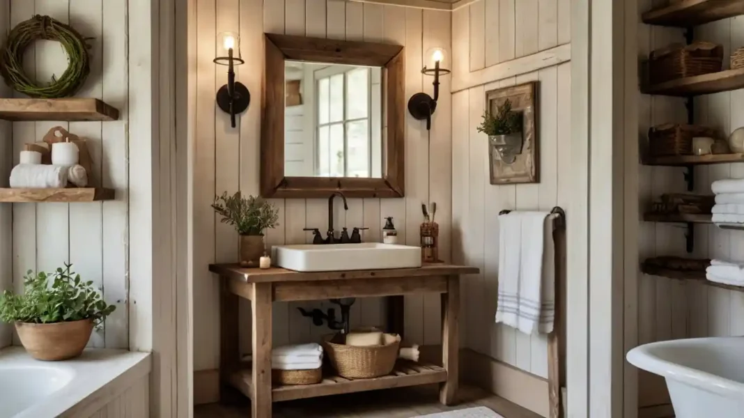 A cozy country-style bathroom featuring a Country Bathroom Mirrors above a farmhouse sink