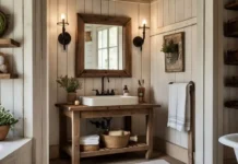 A cozy country-style bathroom featuring a Country Bathroom Mirrors above a farmhouse sink