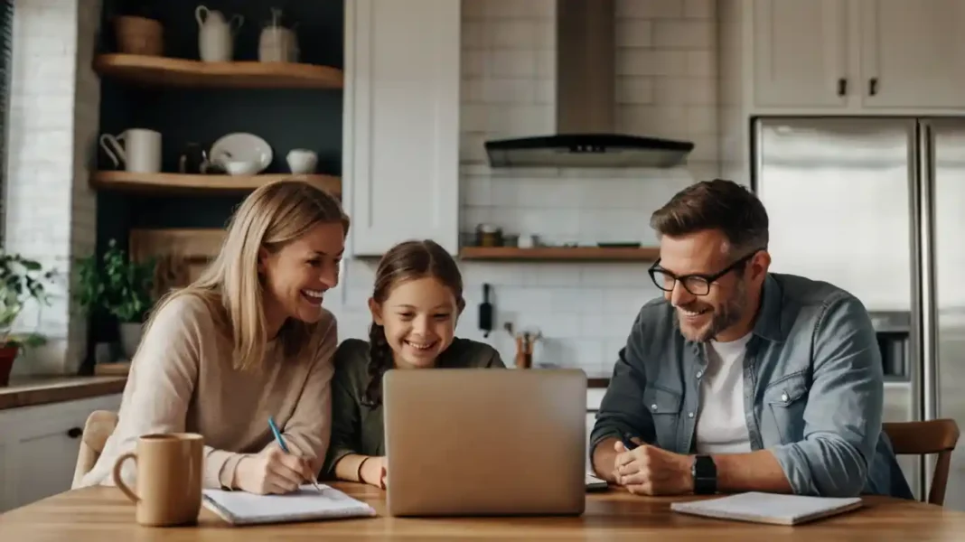 A happy family sitting at a kitchen table, reviewing their budget together on a laptop. A notepad with financial goals and a cup of coffee nearby.