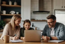 A happy family sitting at a kitchen table, reviewing their budget together on a laptop. A notepad with financial goals and a cup of coffee nearby.
