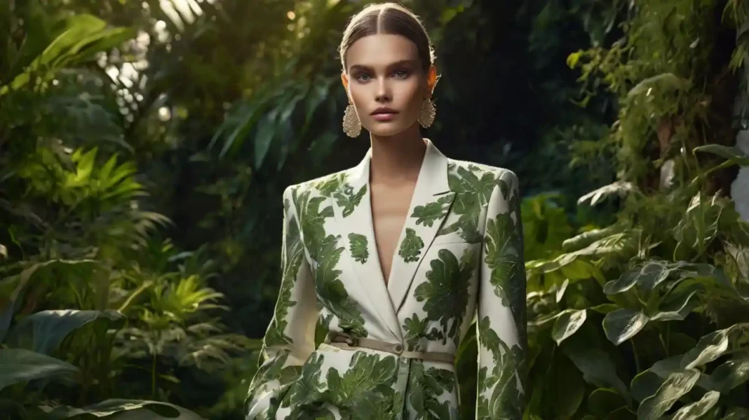 A high-fashion editorial-style image featuring a Sustainable Luxury Fashion.