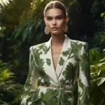 A high-fashion editorial-style image featuring a Sustainable Luxury Fashion.