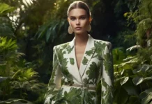 A high-fashion editorial-style image featuring a Sustainable Luxury Fashion.