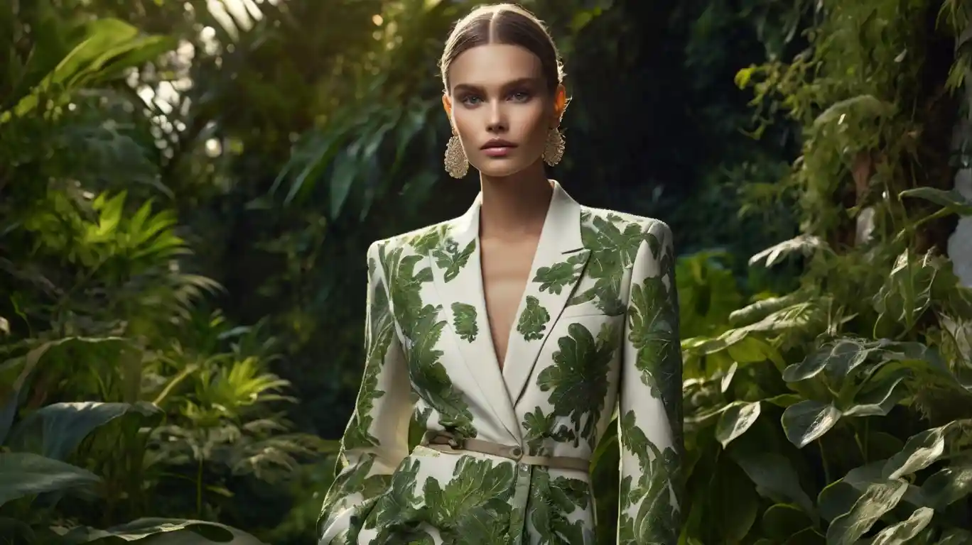 A high-fashion editorial-style image featuring a Sustainable Luxury Fashion.