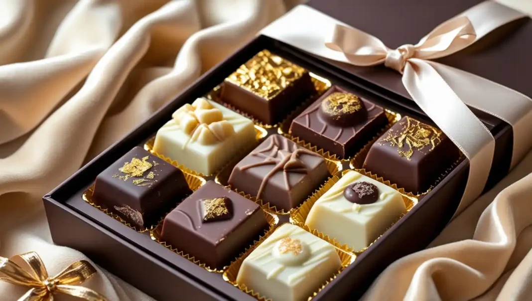 A luxurious assortment of gourmet chocolates elegantly arranged in a premium gift box, featuring Luxury Chocolate Brands. A luxurious assortment of gourmet chocolates elegantly arranged in a premium gift box, featuring Luxury Chocolate Brands.