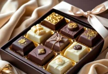 A luxurious assortment of gourmet chocolates elegantly arranged in a premium gift box, featuring Luxury Chocolate Brands.