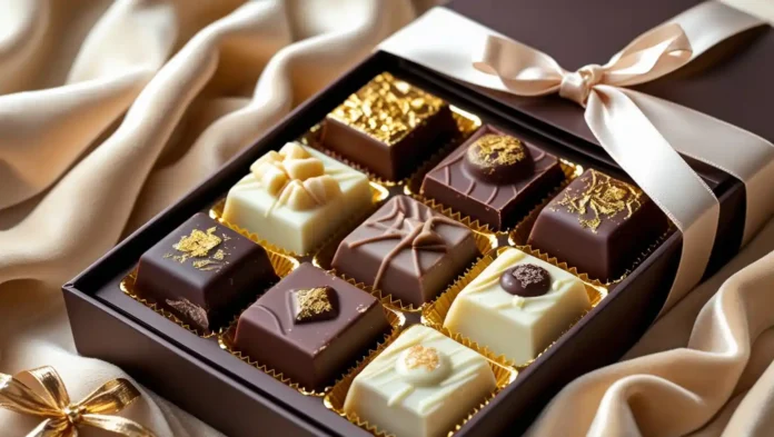 A luxurious assortment of gourmet chocolates elegantly arranged in a premium gift box, featuring Luxury Chocolate Brands.