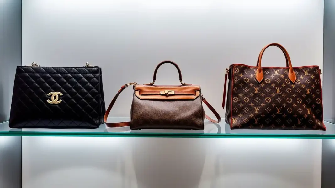 A luxurious display of iconic handbags, including Chanel, Hermès, and Louis Vuitton, arranged on a chic glass shelf with soft lighting and a stylish backdrop.