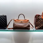 A luxurious display of iconic handbags, including Chanel, Hermès, and Louis Vuitton, arranged on a chic glass shelf with soft lighting and a stylish backdrop.