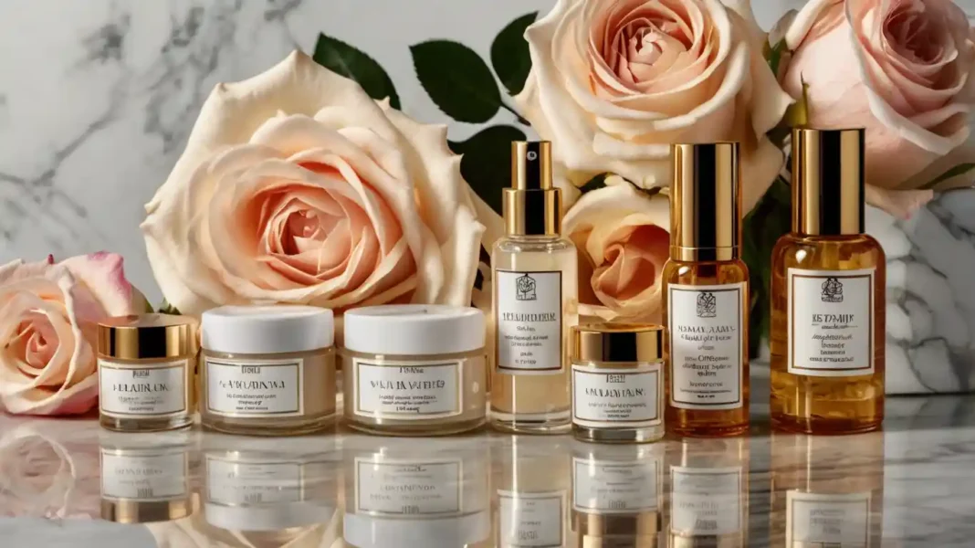 A luxurious flat lay of high-end skincare products featuring the ideas of Luxury Skincare Secrets