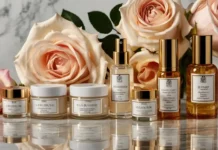 A luxurious flat lay of high-end skincare products featuring the ideas of Luxury Skincare Secrets
