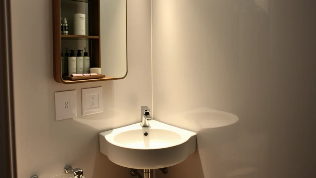 A modern Corner Small Bathroom Sinks with soft lighting, and stylish decor