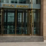 A modern bank building with greenery featuring Ethical Banking