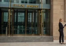 A modern bank building with greenery featuring Ethical Banking