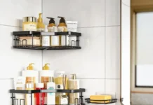 Best Shower Corner Shelf: Top Picks for Storage A modern bathroom with sleek shower corner shelf holding neatly arranged toiletries