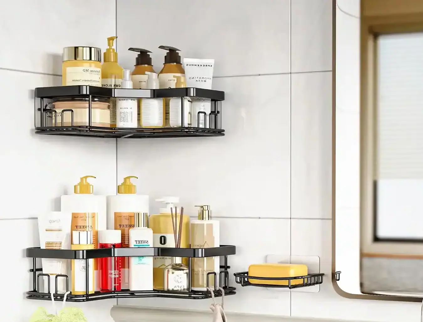 A modern bathroom with sleek shower corner shelf holding neatly arranged toiletries