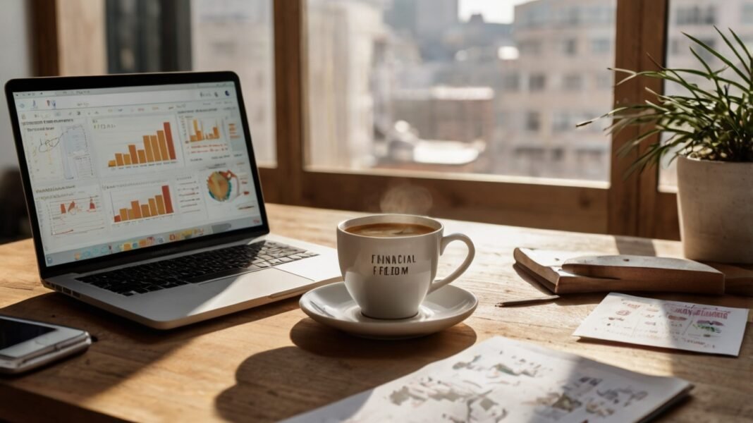A modern, minimalist workspace with a laptop featuring Financial Independence Roadmap
