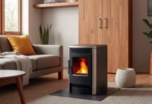 Small Pellet Stove: Top 5 Compact & Eco-Friendly Picks A modern small pellet stove in a cozy living room with a rustic design